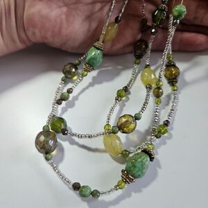**Sale** Cookie Lee Three Layered Green Beaded Necklace 18-20.5"
